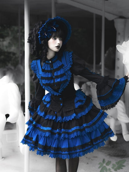 Waistcoat Skirt Gothic and Shirt + Sleeves Lolita High Waist Blue Black Bell - Set Klein