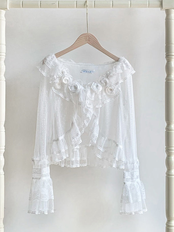 Sheer Flounce Dotted Sleeves Top Long White Trimming Tulle