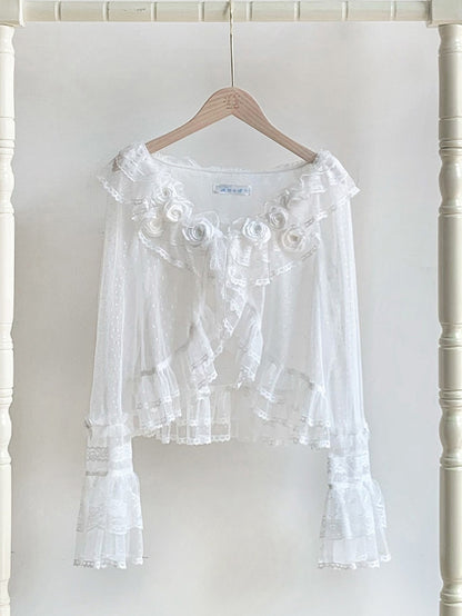 Sheer Flounce Dotted Sleeves Top Long White Trimming Tulle