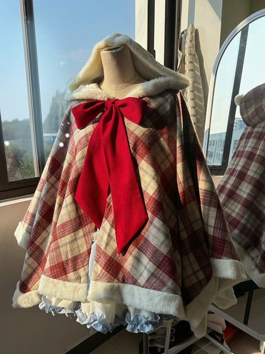 Red Plaid Pattern Self-tie Big Bow Neckline Christmas Hooded Cape Coat