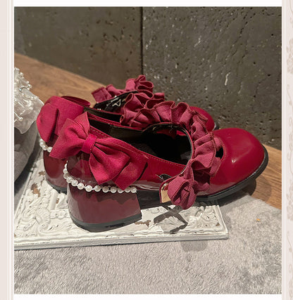 Polished Wine Red Round Toe Ruffle Trim Block Heel Mary Janes with Beaded Chain