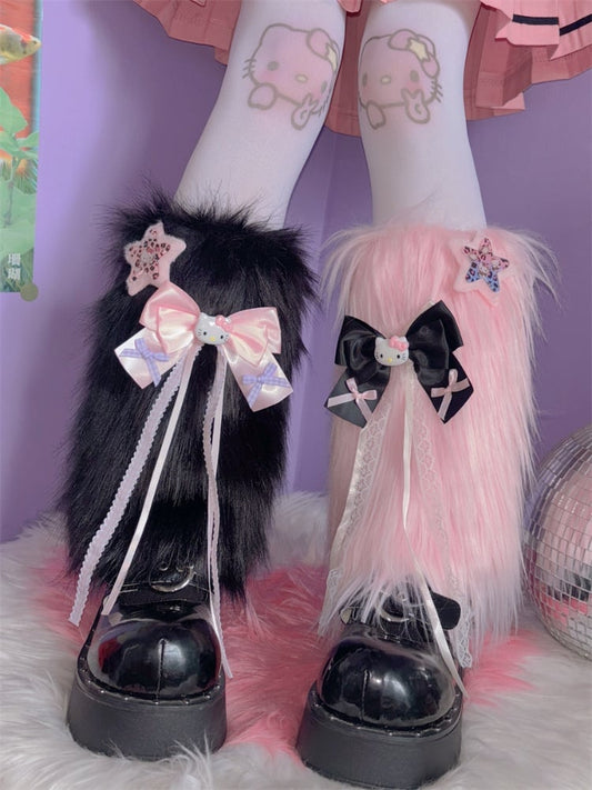 Pink/Black Y2K Star and Kitty Bowknot Shaggy Leg Warmers