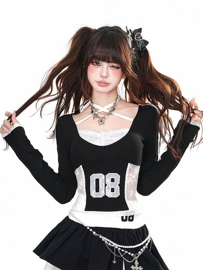 Schwarzes Neckholder-Crop-Top mit kontrastierenden Spitzenpatches