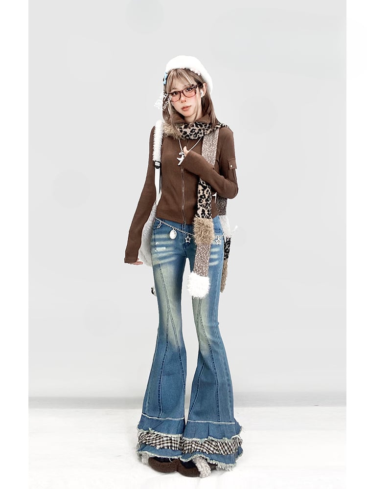 Blue Denim Flared Jeans with Plaid Trim