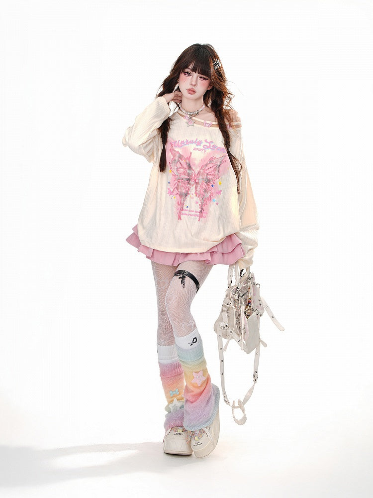 Graphic Pink/Apricot Asymmetrical Neckline Butterfly Embroidered Loose Top