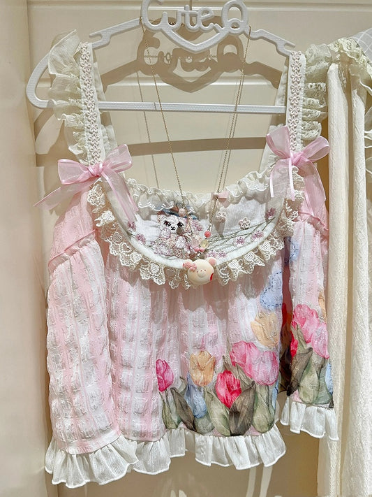 Haut tulipe rose clair brodé lapin