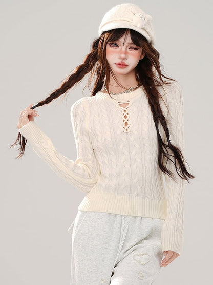 Grey Cutout Detail Round Neck Slim-fit Sweater