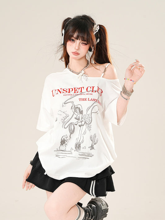 White Asymmetrical Neckline Loose Graphic T-Shirt