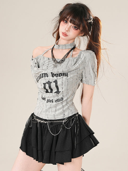 Glamorous Bittersweet Letter T-shirt Number Gray/Black And Print