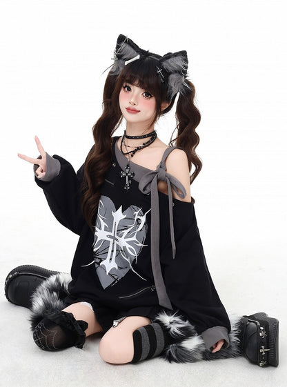 Black Asymmetrical Neckline Self-tie Strap Heart and Cross Print Sweatshirt