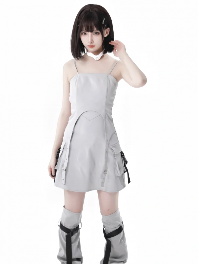 Gray Futuristic Techwear Slip Dress