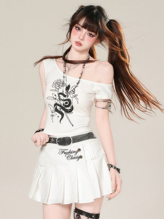 White/Black T-shirt Glamorous Asymmetrical Print Rosette Bittersweet Neckline