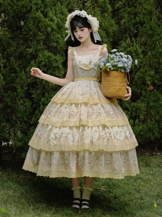 Lily Cherry – Gestuftes Blumenkleid, Lolita-Rock, Pullover, Gelb und klassischer Aufdruck