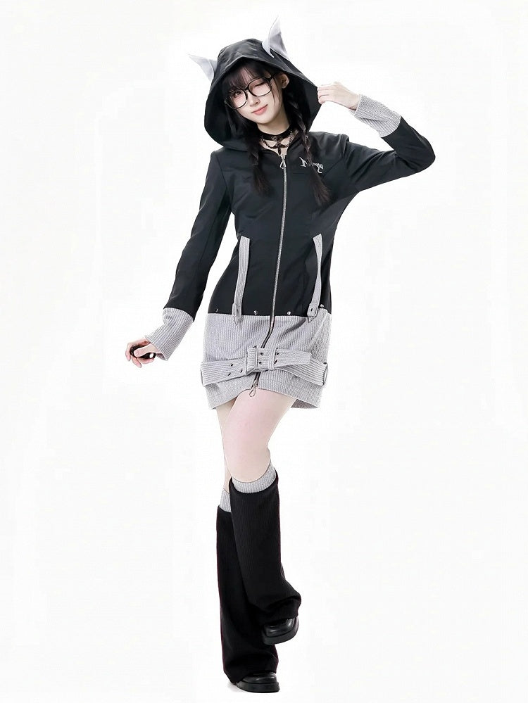 Black Strap and Design Hood Colorblock Wolf Ears Buckle Zip Closure Dress Gray Knit