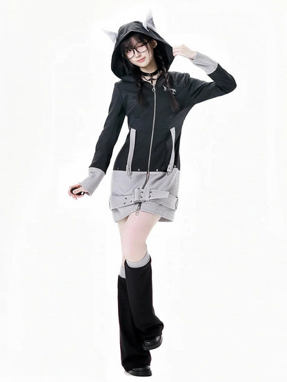 Black Strap and Design Hood Colorblock Wolf Ears Buckle Zip Closure Dress Gray Knit