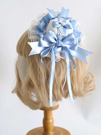 Blau-weiße Clips, Lolita-Dekordetails, süße Spitze, Perlen-Mini mit Hut und Schleife