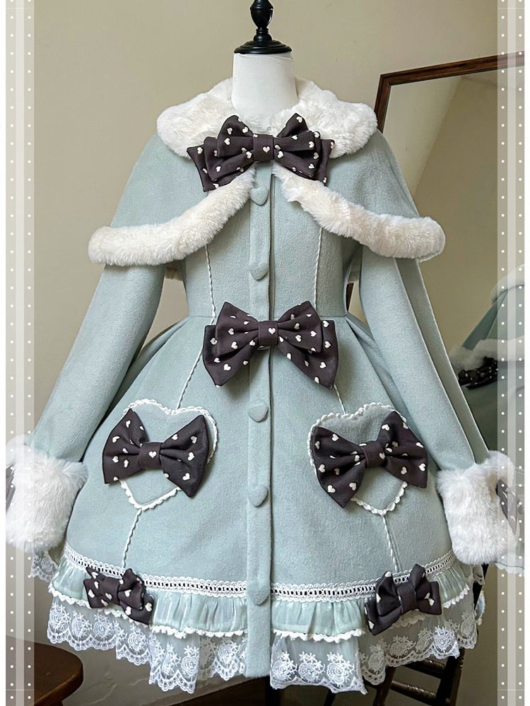 Mint Green Bow Accents Cape Lolita Coat with Lace Trim