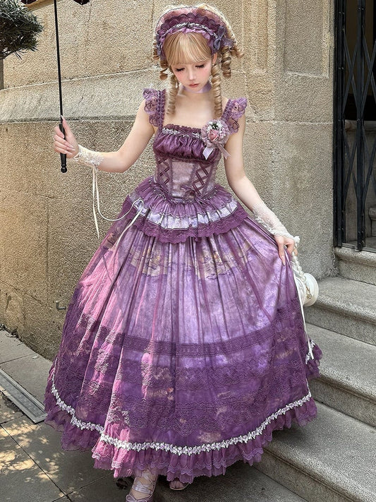 Skirt Basque + Purple Waist Painting Classic Boned Oil Top Lolita Overlay Print
