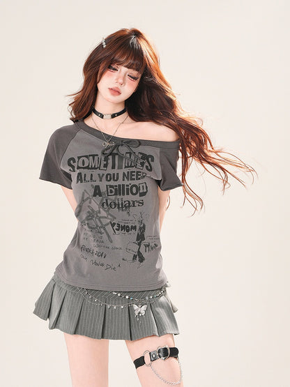 T-Shirt mit asymmetrischem Ausschnitt und Buchstabendruck, Aprikose/Dunkelgrau, Colorblock-Design