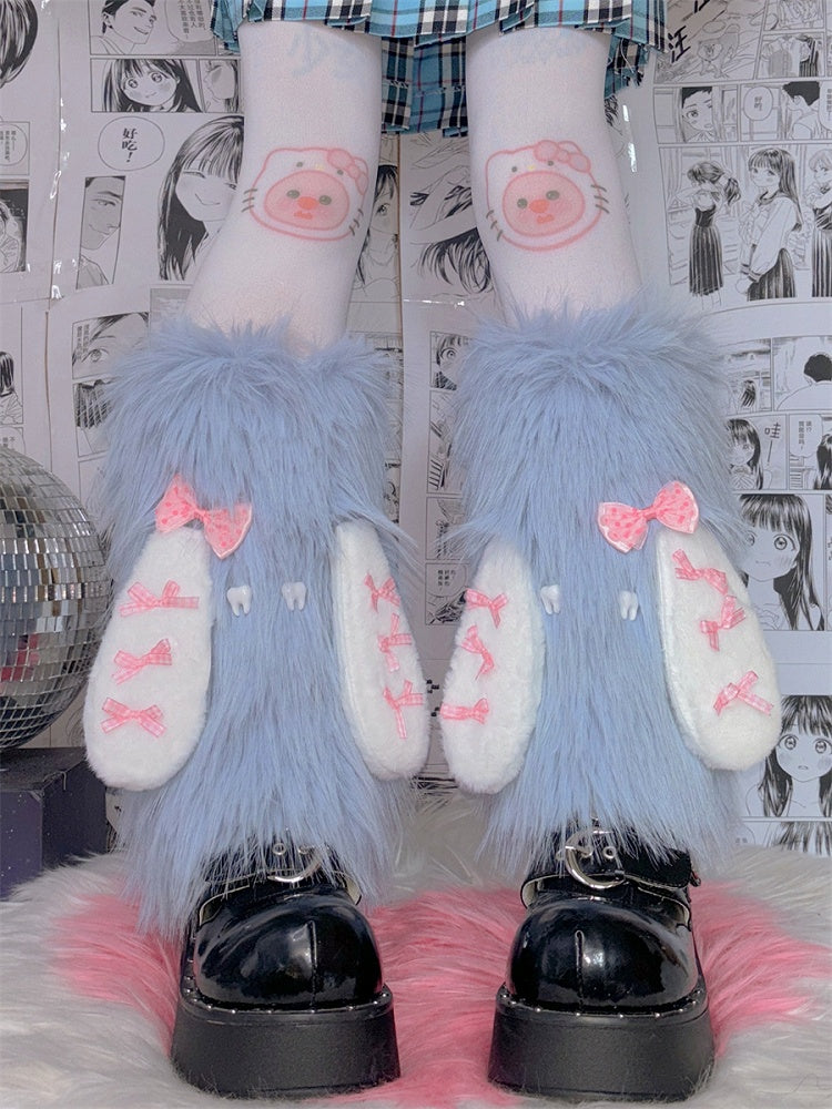 Pink/Blue Rabbit Ears Design Y2K Shaggy Leg Warmers