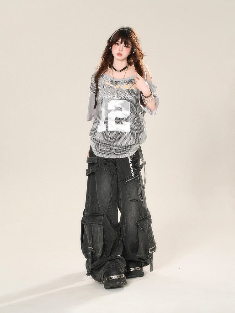 Black Distressed Holes Buckle Wide-Leg Jeans Cargo Pockets Straps