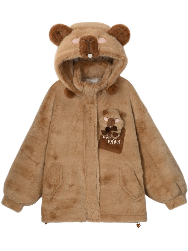 Cute Capybara Adorned Brown Plush Zip Hoodie
