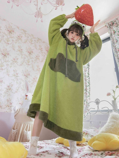 Green Frog Hooded Fleece Pajama Lounge Wear