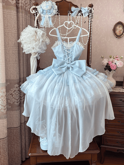Mehrlagiger großer Balletcore-Schnürrock mit entbeinter Taille, süßer Lolita-Pullover, Schleppe, Schleifenrock, blau-weiß mit Saumspitze und