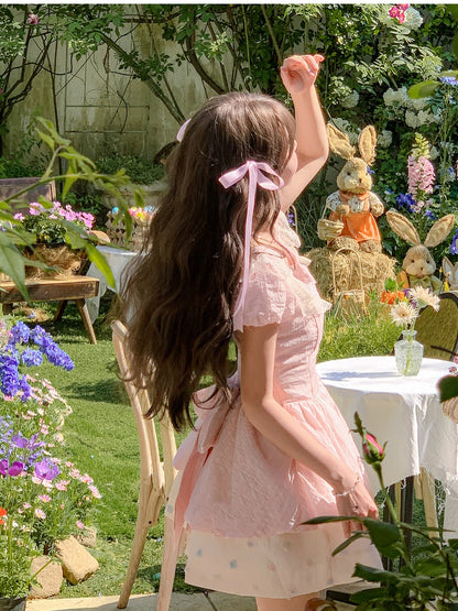Pink Bowknot Detail Neckline Tiered Skirt Hem Sweet Dress Colorful Polka Dot