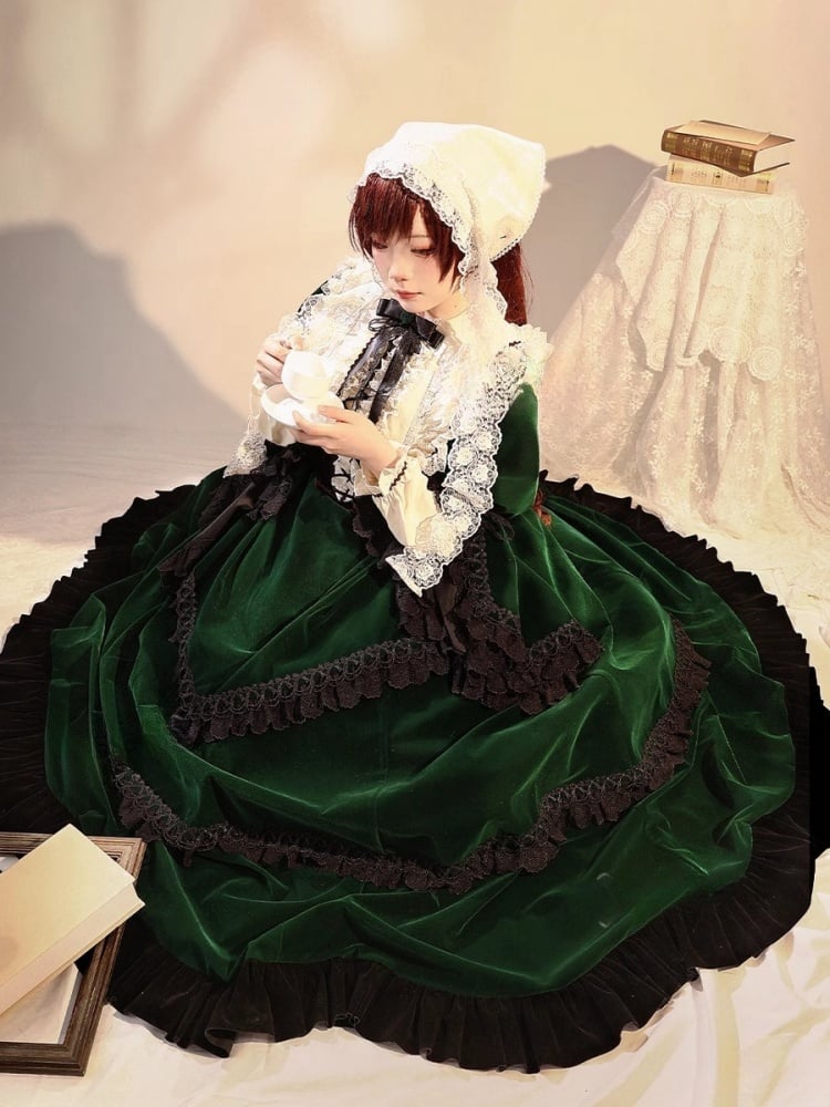 Rozen Maiden Jade Stern Green Velvet Dress Lolita-Style Cosplay Costume