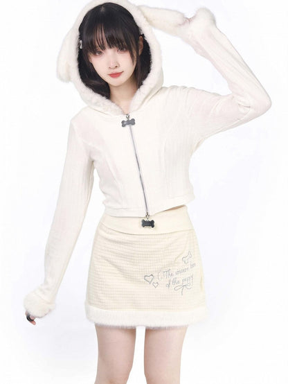 Cardigan Puppy Ears Hooded White Plush