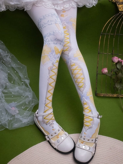 Butterfly Print Crisscorss Banded Tights And Asymmetrical Pink/Blue/Black/Yellow/Red