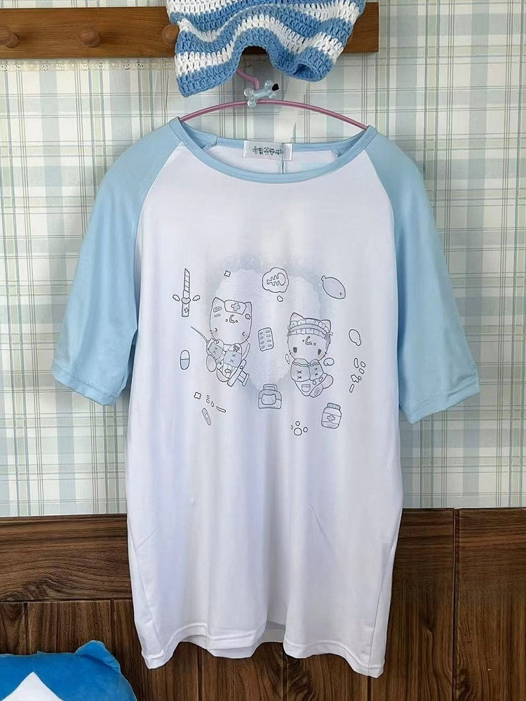 Kaiwai Print Round Kitty T-shirt Tenshi WhiteBlue Neck