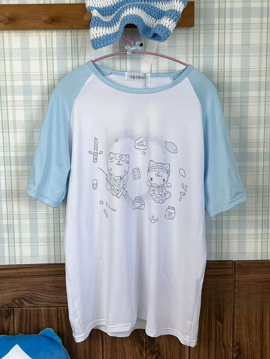 Kaiwai Print Round Kitty T-shirt Tenshi WhiteBlue Neck