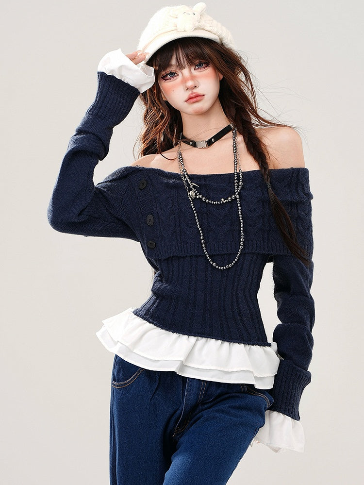 Grau/Marineblauer, schulterfreier Pullover mit schmaler Passform, Saum und Bündchen im Patchwork-Stil