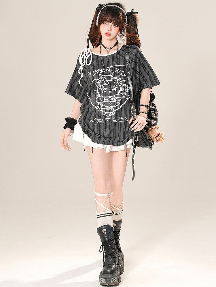 Bittersweet T-shirt Striped Strap Kitty Pattern Black/White Print Neckline Asymmetrical Self-tie