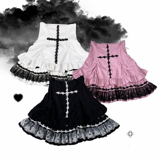 Skirt Rose Cross Landmine White/Black/Pink Embroidery Jirai Hem High Style Kei Lace Waist