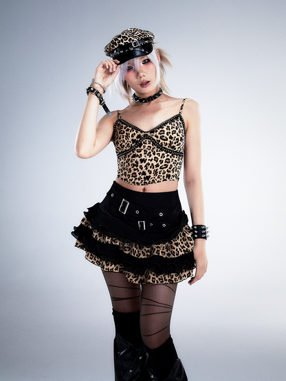 Criss-cross-Taillengürtel Schwarzer Leoparden-Punk-Spitzen-Stufen-Minirock