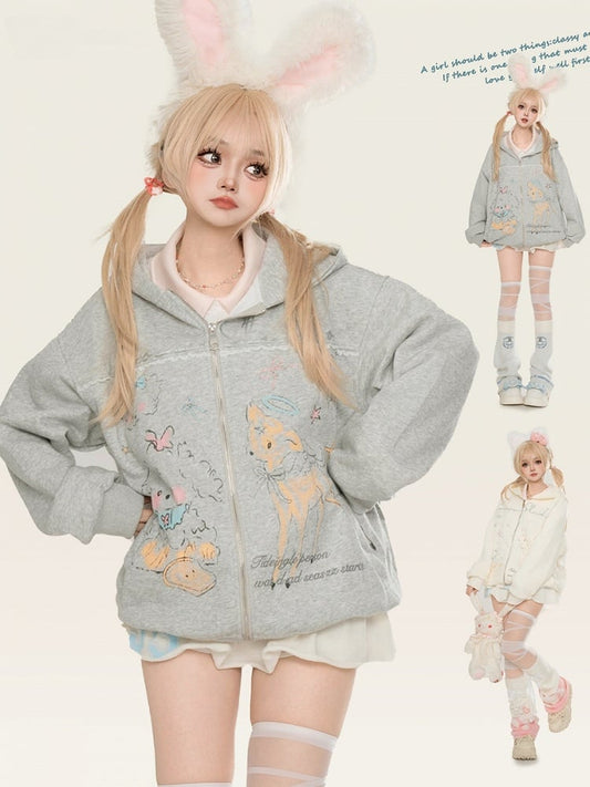 Grey/White Cartoon Animal Print Spring Zip Hoodie