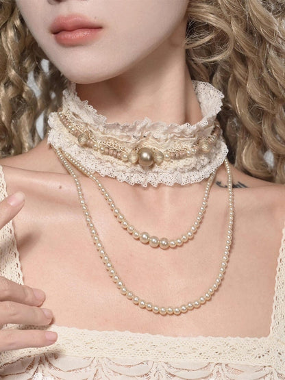 Choker Cream Lace with Bead Detachable Chain