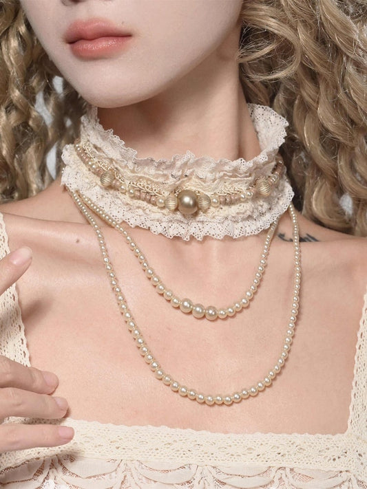 Choker Cream Lace with Bead Detachable Chain