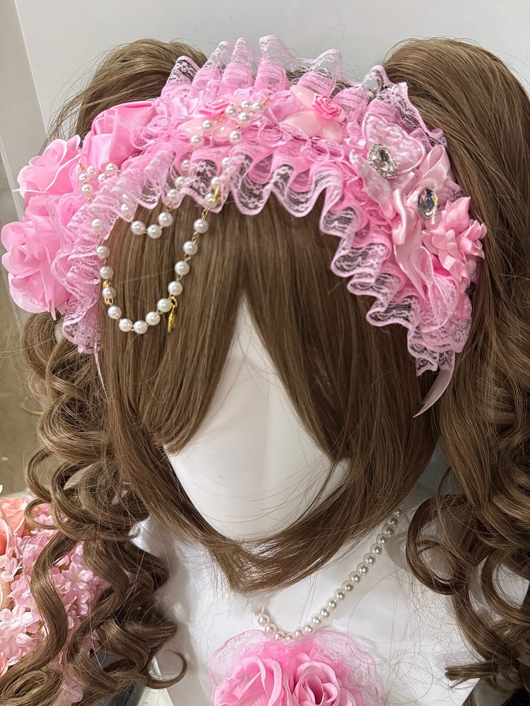 Beaded Charm Design Floral Hairband Heart Ruffled Pink And