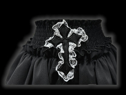 Y2K Black Cross Applique Lace Accents Punk Tiered Mini Skirt