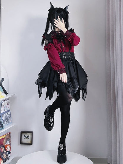 Jirai Kei Wine Red Bat Wing-shaped Collar Lace Patch Landmine Style Shirt