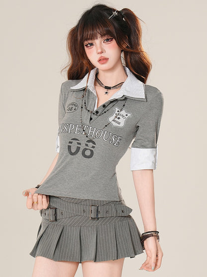 Letter Collar Print And Gray Number Glamorous Polo T-shirt