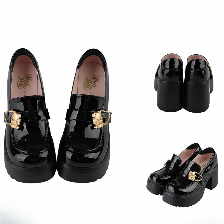 Polished Block Buckles High Bear Platform Slipons Black Heels Hugging Heart