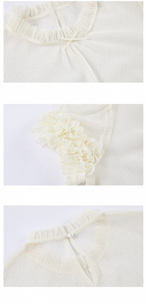 Cremefarbene, transparente Bluse mit Rüschenausschnitt und kurzen Ärmeln
