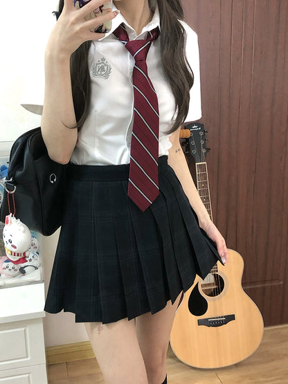 Badge Embroidered Preppy Uniform Sleeves Style JK White Short Shirt