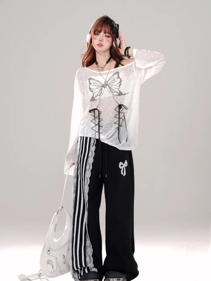 Cut Blokettecore Print Black/White Bowknot Pants Wide-leg