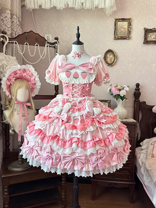 Creamy Strawberry Bunny Pink Bow Skirt Accents Tiered